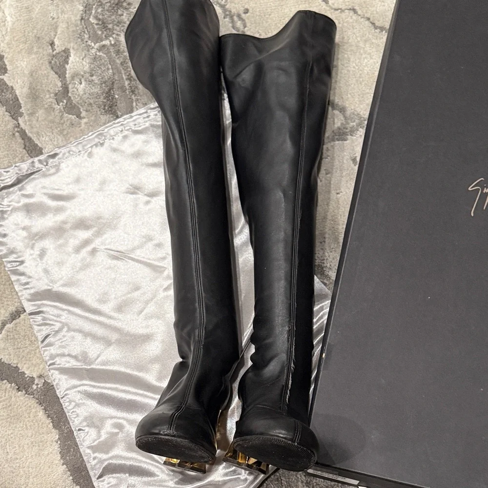 Giuseppe Zanotti Black Over-the-Knee Leather Boots with Sculpted Gold Heels